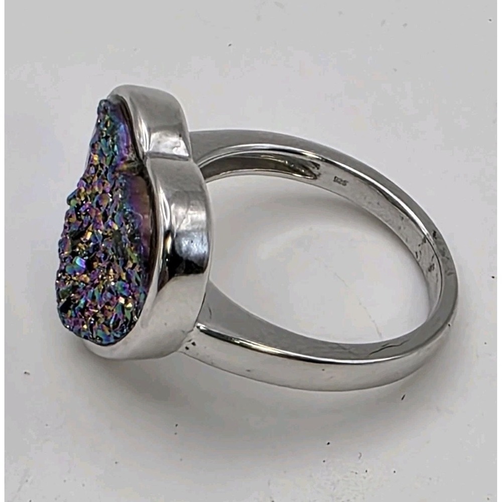 Rainbow Drusy Agate Heart Sterling Silver TGGC Vintage Ring Sz 7 Brazil Boho 925 - Picture 3 of 16